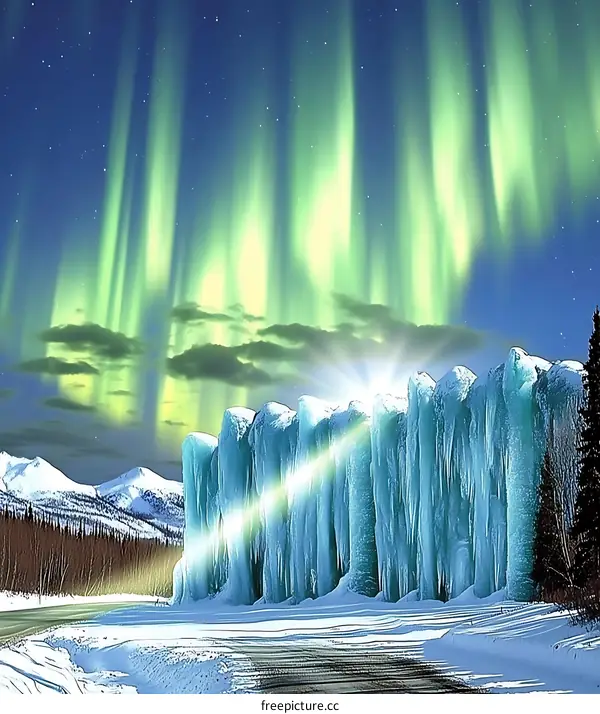 Aurora Borealis Over Frozen Waterfall