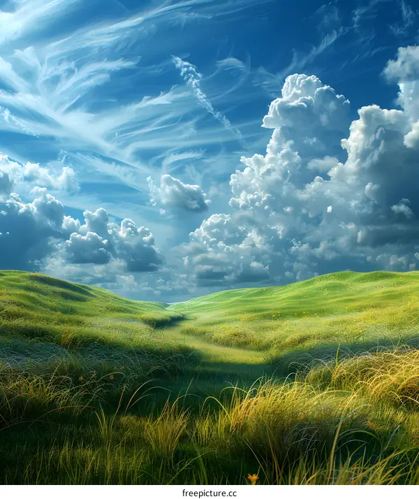 Green rolling hills under a blue sky with white clouds