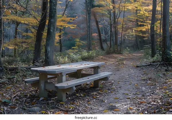 A wooden picnic table sits in a forest with a walking trail nearby