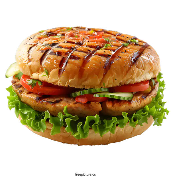 [Transparent Background PNG]Grilled chicken sandwich with lettuce tomato and cucumber