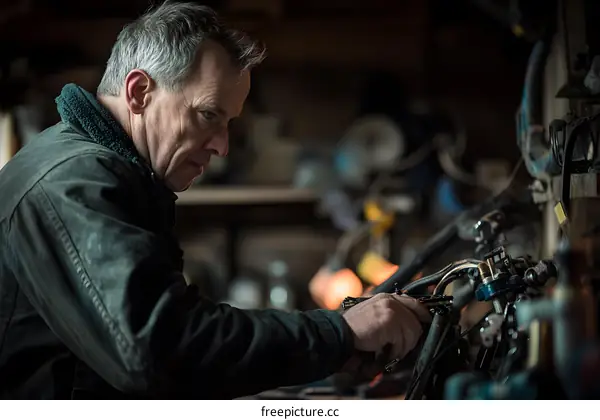 Man working on a motorcycle in a garage