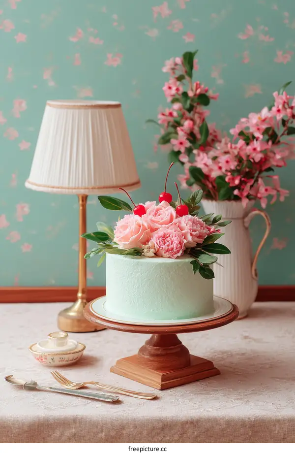 Mint Green Cake Decorated with Pink Flowers and Cherries