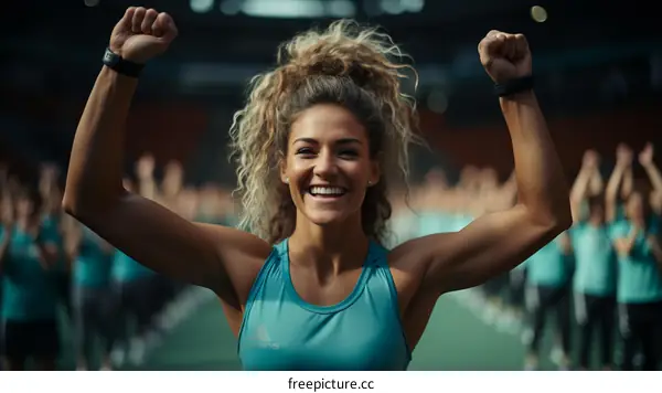 Ecstatic Blonde Woman Celebrating Victory with Crowd in Stadium