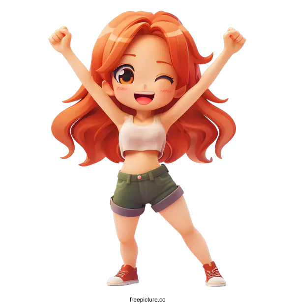 [Transparent Background PNG]Cute anime girl with orange hair and green shorts