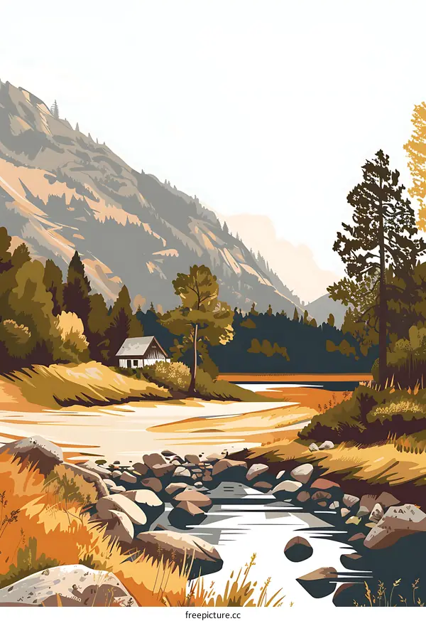 Mountain Landscape with Cabin and River