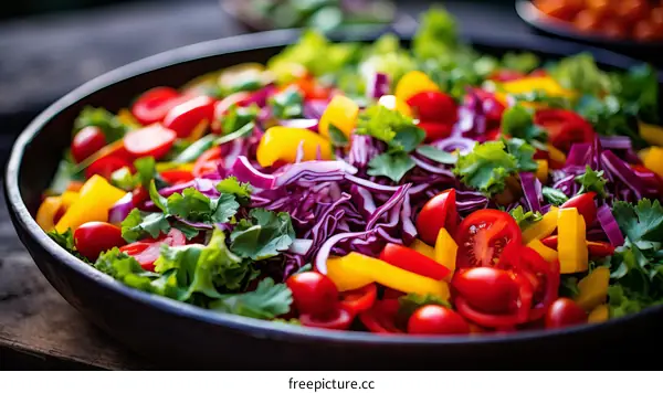 Colorful Salad with Tomatoes, Peppers, and Cabbage
