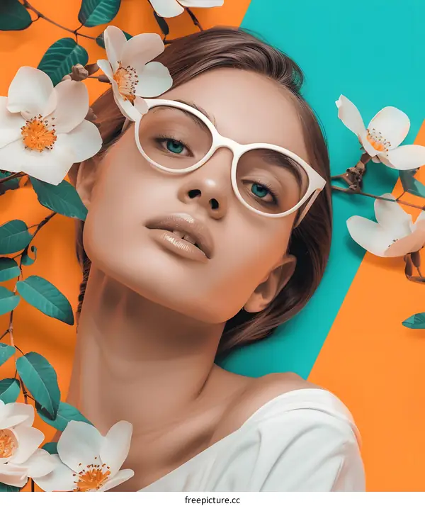 Woman with White Glasses and Flowers on a Colorful Background