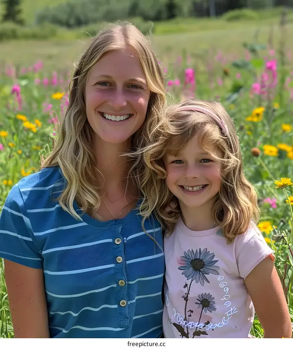 Smiling Mom and Daughter in a Field of Wildflowers