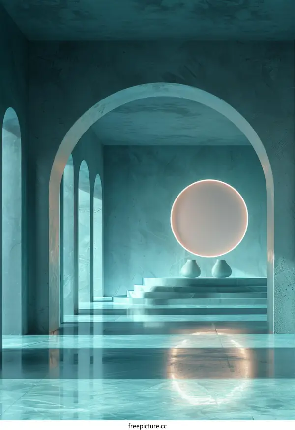 Blue abstract interior with arches and glowing circle