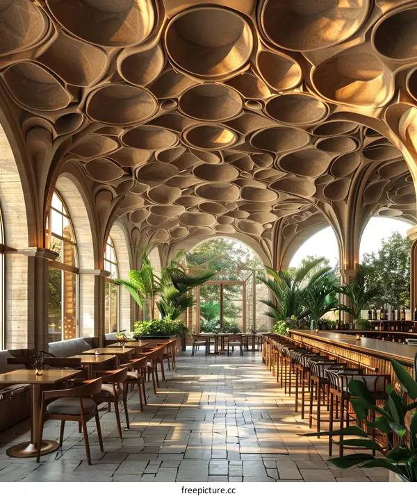 Restaurant Interior Design with Unique Ceiling