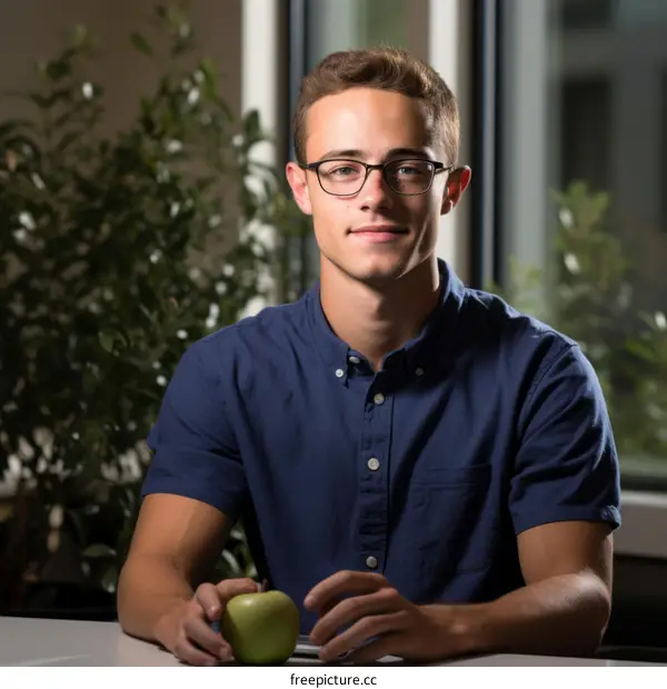 Portrait of a young male student sitting at a desk holding an apple