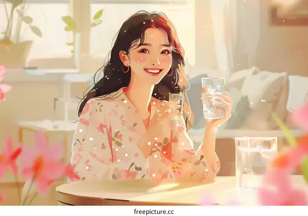 A beautiful young woman with long dark hair is drinking a glass of water in the kitchen.