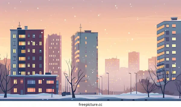 Snowy Cityscape with Buildings and Streetlights at Dusk