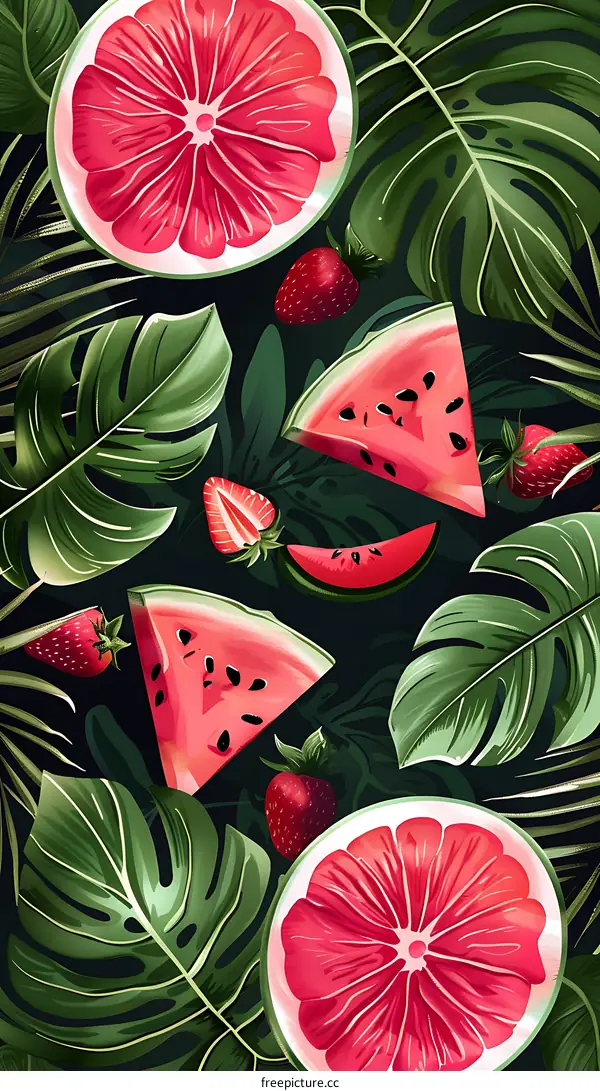 Watermelon, Grapefruit and Strawberries Tropical Illustration