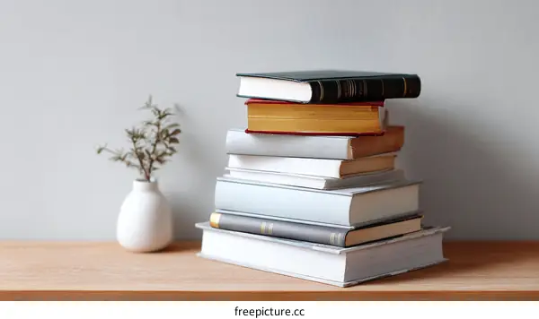 Stacked Books on a Wooden Shelf