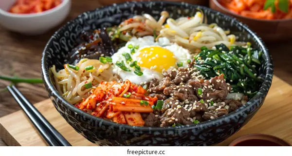 A Bowl of Authentic Korean Bibimbap with Accompanying Side Dishes