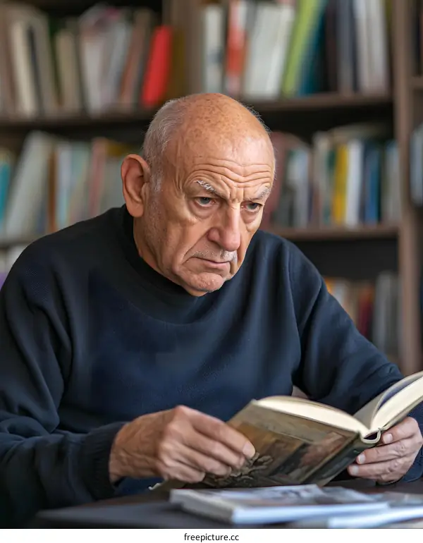 Elderly Man Reading Book in Library