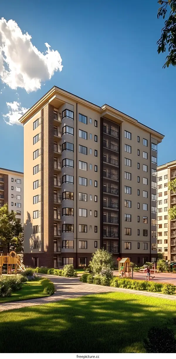 Modern Residential Building with a Green Lawn and Playground