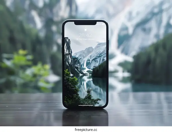 Smartphone Displaying Landscape Photo of Mountain Range and Lake