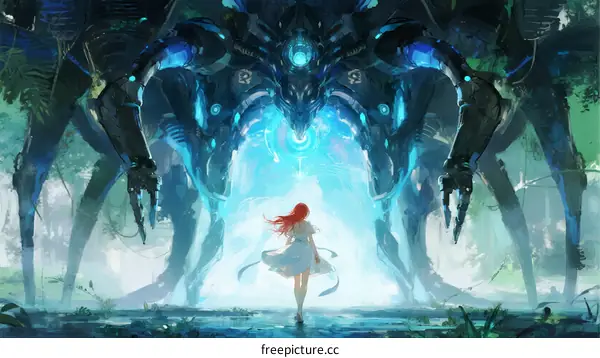 A young red-haired girl facing a large mechanical creature in a fantasy forest