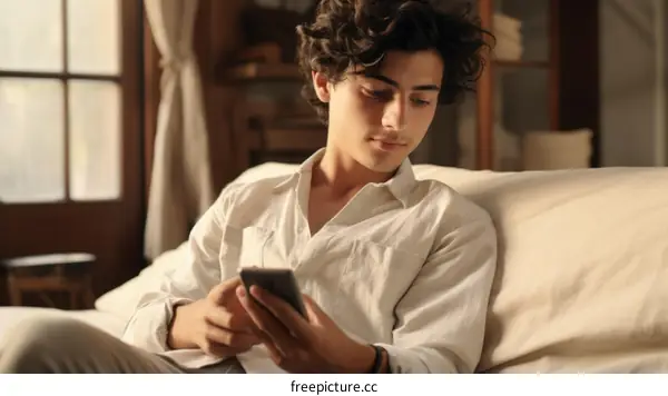 Young man sitting on couch and using smartphone