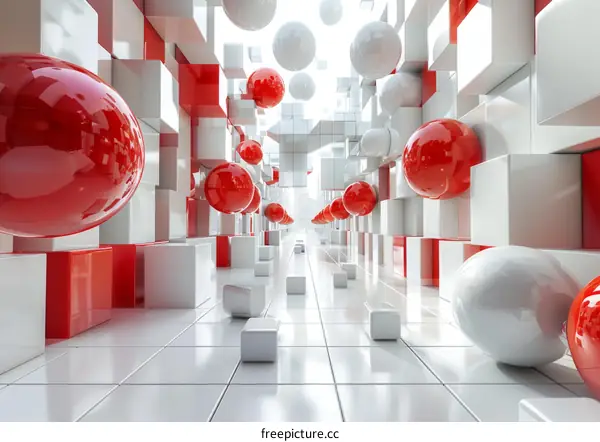Abstract Geometric Pathway with Red and White Cubes and Balls