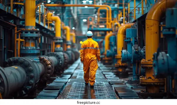 Oil and gas worker walking through a processing plant