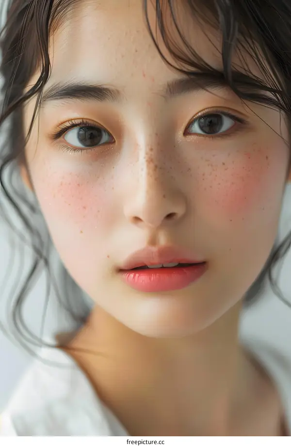Close Up Portrait of Young Asian Woman with Freckles and Pink Cheeks