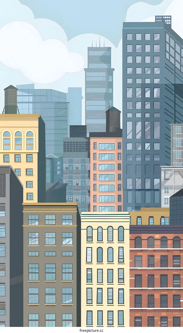 Cityscape Illustration With Buildings and Cloudy Sky