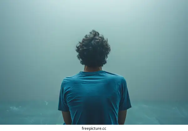 Man in blue shirt sitting in a foggy room
