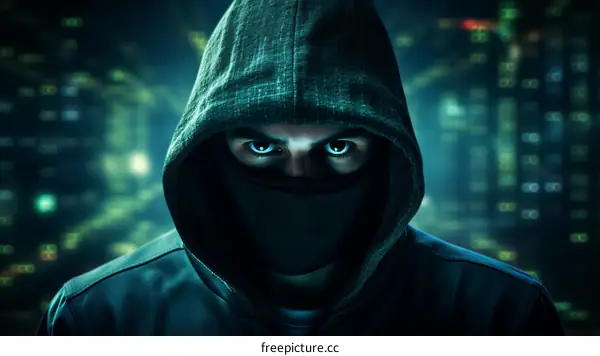A person wearing a black hoodie and a mask with glowing blue eyes in front of a green circuit board background