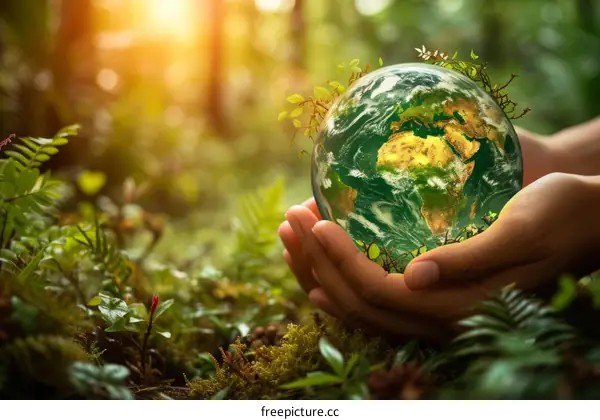 Hands holding a green planet Earth with growing plants in the background