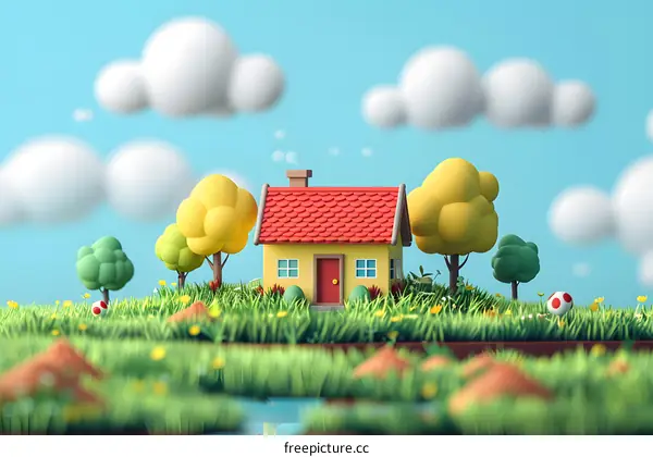 A cute house in the middle of a green field
