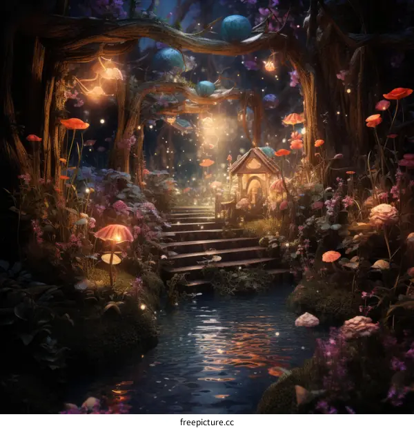 Mystical Glowing Forest Trail to a Fairy House