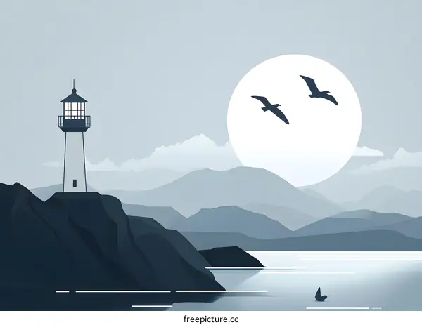 Minimalist Illustration of a Lighthouse on a Cliff by the Ocean
