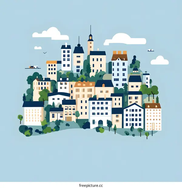 Cityscape Illustration with Buildings and Trees