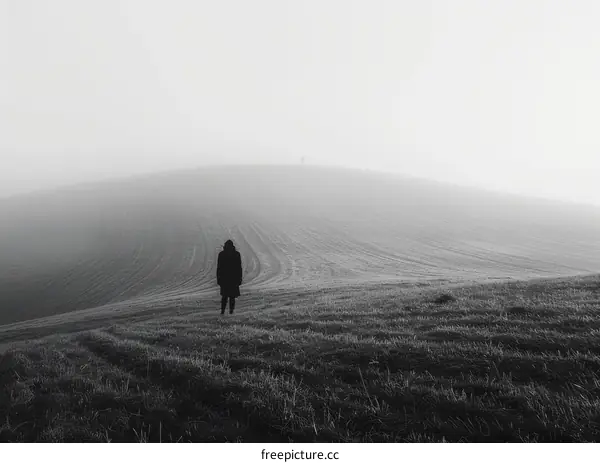 Lonely person standing in a foggy field