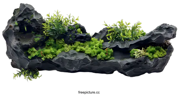 [Transparent Background PNG]Black Lava Rock Aquarium Decoration with Green Moss and Plants