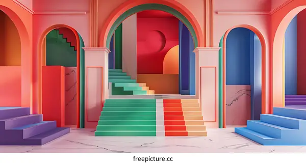 Abstract Interior Design with Colorful Arches and Stairs