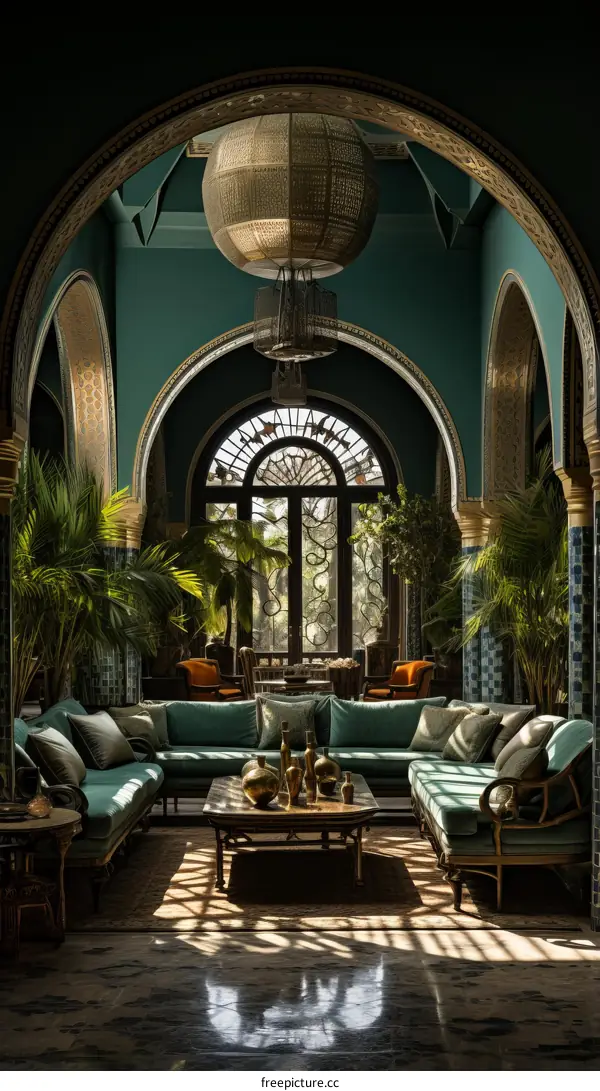 Luxury Living Room with Green Walls and Arched Openings