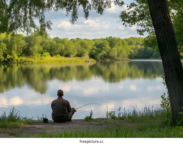 Man Fishing in a Calm Lake with Trees in the Background