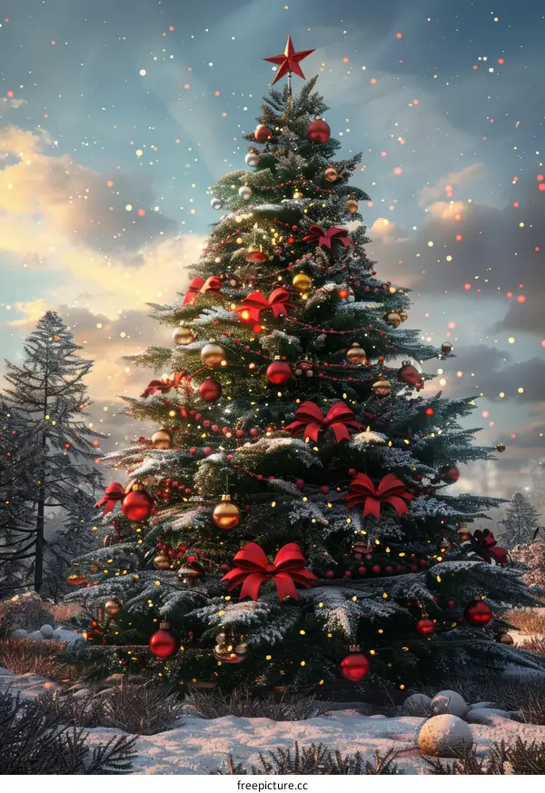 Christmas Tree Decorated in Snowy Forest Scene