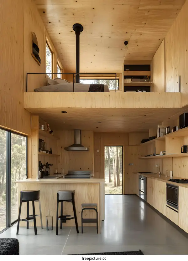 Modern Minimalist Kitchen and Loft in Wooden Cabin Interior Design