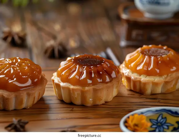 Close Up Image of Three Delicious Mini Tarts with Caramel Glaze on Wooden Table