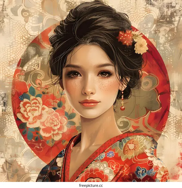 portrait of a beautiful asian woman in a red kimono with flowers in her hair