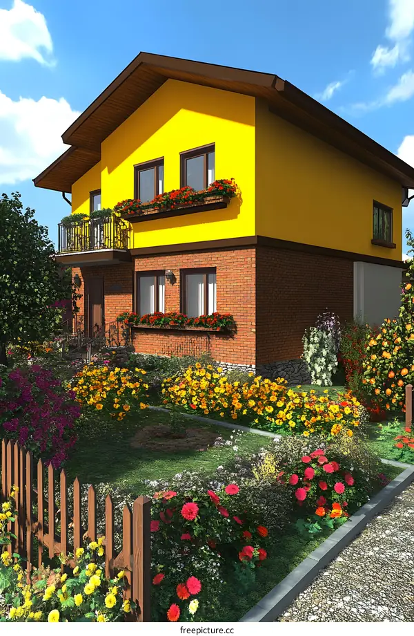 Yellow House With Flower Garden And Fence