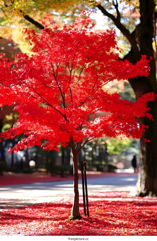 Red Maple Tree in Autumn with Fallen Leaves