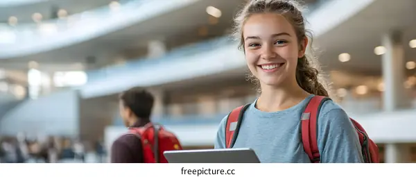Smiling Student Girl Holding a Tablet in a Modern University Building