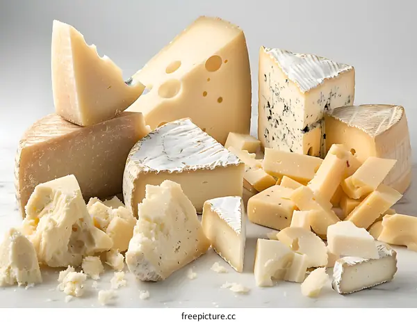 Assortment of Cheeses on White Marble Surface