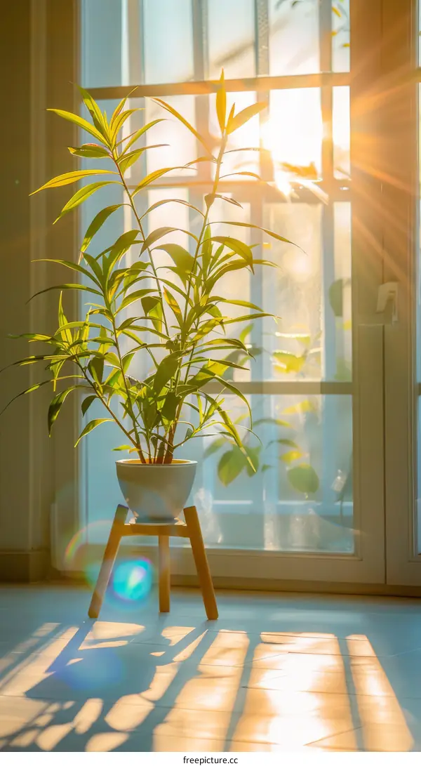 Indoor Potted Plant Near Window With Bright Sunlight